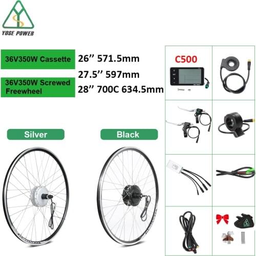YOSE POWER Ebike Conversion Kit 36V 350W 26'' 27.5'' 28'' 700C Rear Hub Motor Wheel Black Silver Brushless Grear Hub Motor kit