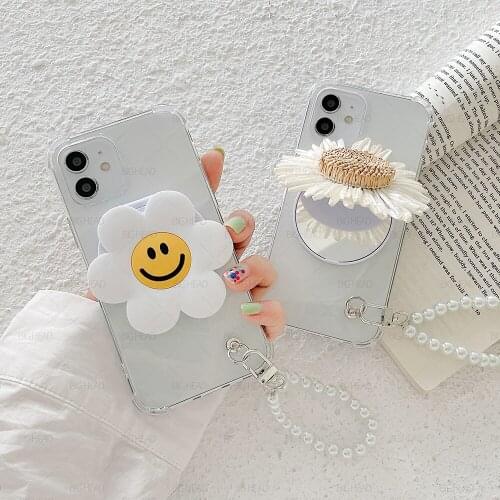 Makeup Mirror Sunflower Soft Phone Case for OPPO A94 A74 A55 A53 A93 4G 5G A73 A53S A31 A5 A9 2020 A91 A72 A52 A15 With Bracelet