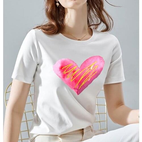 Women T-shirts Love Heart Print Graphic Tee Fashion Casual Round Neck Top Tee Summer Stylish Harajuku Tshirts Female Clothing