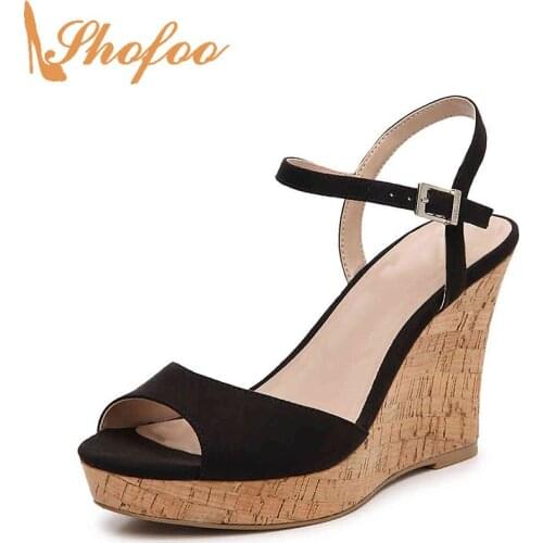 Black Platform High Wedge Heels Sandals Open Toe Flock Women Big Size 11 16 Ladies Fashion Adjustable Buckle Strap Shoes Shofoo