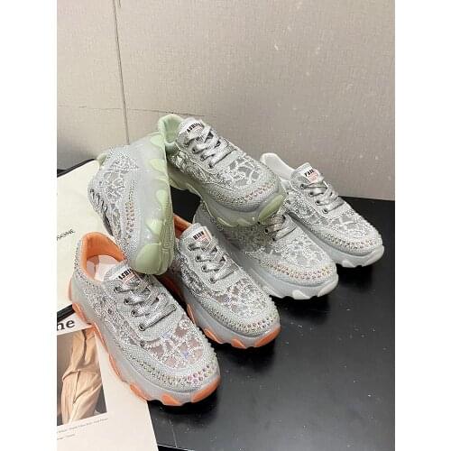 Large Size Casual Ladies Sneakers Spring And Autumn Hot Sale Rhinestone Jelly Bottom Mesh Breathable Comfortable Running Shoes