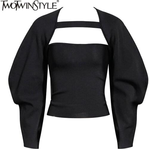 TWOTWINSTYLE Casual Two Piece Set For Women Square Collar Solid Sling Puff Sleeve Tunic Coat Black Suit Female 2020 Fall Fashion