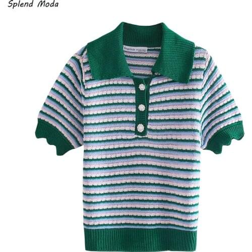 2021 Summer Vintage Buttons Striped Lapel Casual Short-Sleeve Top Sweater New Fashion T-Shirt Women Female Pullover