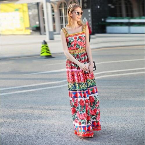 High Quality 2019 Summer New Runway Maxi Dress Womens Spaghetti Strap Cute Charming Rose Flower Floral Print Beading Long Dress