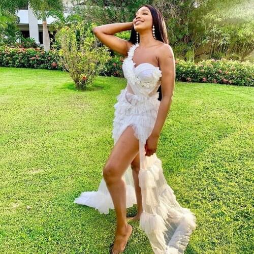 Sexy See Thru White Tulle Women Party Dresses One Shoulder Ruffles Tiered Tulle Long Prom Gowns High Side Split Women Robe