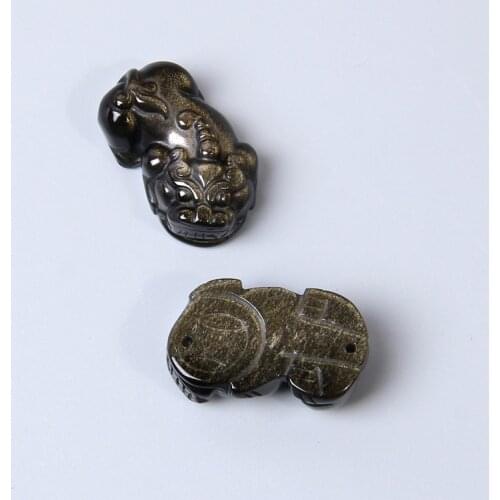 1 pc 16*28 mm Gold Obsidian Pixiu Charm For Necklace Drilled Carved Natural Obsidian Amulet Craft DIY Making Jewelry Bracelets