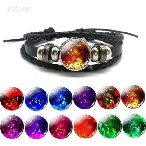 12 Constellation Handmade Leather Bracelets for Women Men Weave Multilayer Punk Zodiac Sign Couple Charms Bracelet Jewelry Gift
