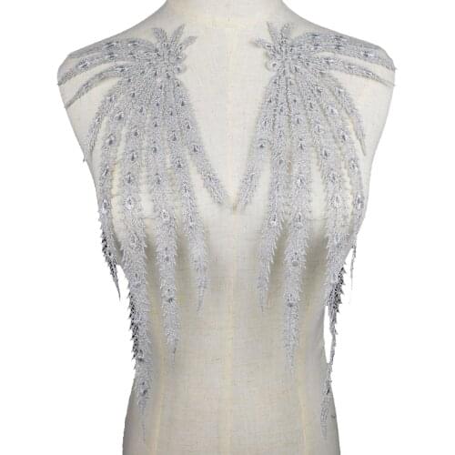 2Pcs/Set Silver Embroidery Tulle Peacock Tail Guipure Lace Neckline Fabric DIY Lace Collar Fabric Sewing Supplies Trim Crafts