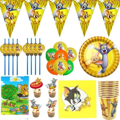 83pcs/lot Tom Cat Jerry Mouse Theme Napkins Tablecloth Straws Birthday Party Plates Cups Decora Flags Kids Boys Favors Balloons