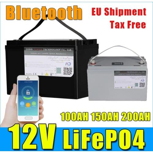 12V 100AH 200AH LiFePO4 Battery with bluetooth BMS 10A Charger Waterproof Case LCD display