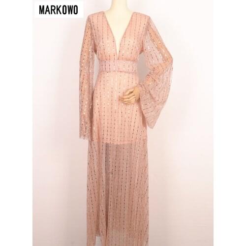 MARKOWO Desinger BrandSexy Deep V-Neck Long Sleeve Dress Backless Sequined Party Light Dress Skirt