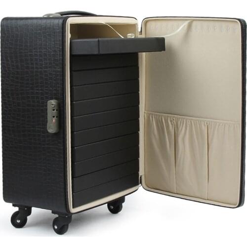 Black PU leather trolley jewelrybox or Suitcase With Password Lock For Jewelry Business or Exhibition Transportation or Stored