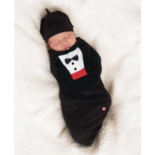 Blotona Baby Boys Swaddle and Hat Set Fashion Gentleman Bowtie Full Wrapped Sleeping Bag & Cap Suit, 0-6Months