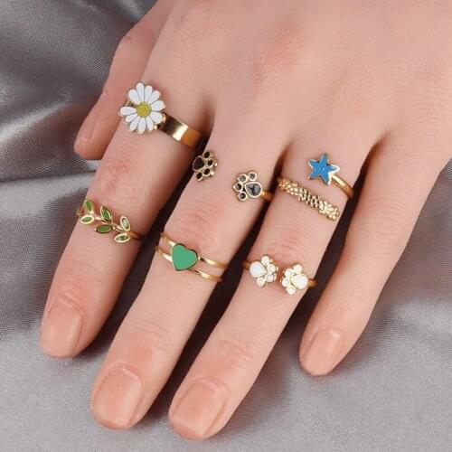 Candy Color Ins Rings Stainless Steel Ring Enamel Dripping Oil Ring Open Finger Rings For Women Jewelry Leaf Heart Flower Ring