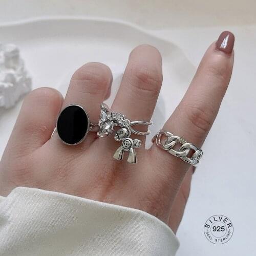 925 Sterling Silver Rings For Fashion Women Exquisite Black Oval Stone Horse Retro Geometry Manual Birthday Party Jewelry Gift