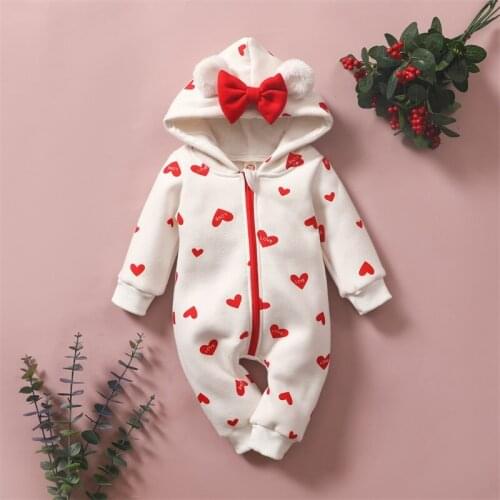 Newborn Kids Rompers Baby Girls Spring Autumn Cartoon Heart Cute Zipper Hooded Jumpsuit Children Clothing