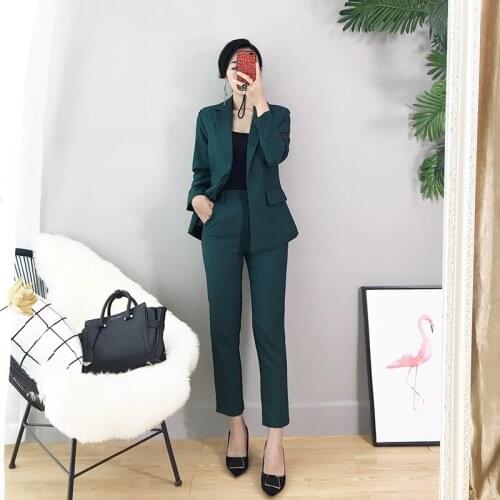 Two piece set top and pants new fashion temperament spring black dark green suit nine pants womens two-piece suit