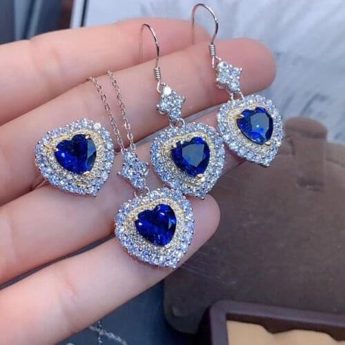 The Best Wedding Gift Sapphire jewelry set Natural Real Sapphire 925 sterling silver 1pc pendant,1pc ring,2pcs Earring