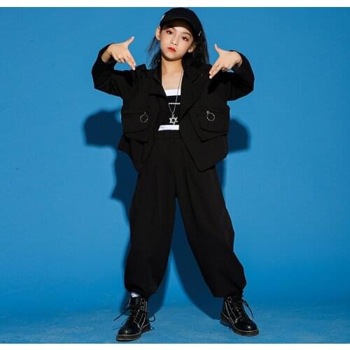 Girls Jazz Costumes Kids Street Dance Suit Children HipHop Suit Fashion Catwalk Show For Child Long Sleeve Black Clothes DWY4993