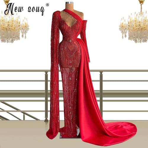 Muslim Red Prom Dress Custom Made 2021 Gorgeous Long Sleeve Sparkly Crystals Long Sleeve Mermaid Robes with Detachable Train
