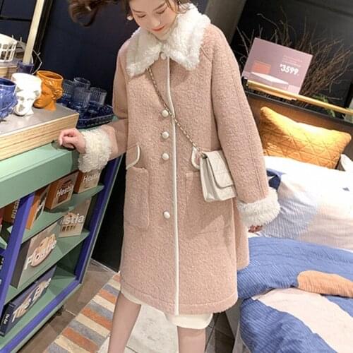 2021 NEW Long Women Soft Imitation Lambs Wool Coats Sweet Pocket Design Overcoat Woman Turn Down Collar Outerwear Wool Jacket