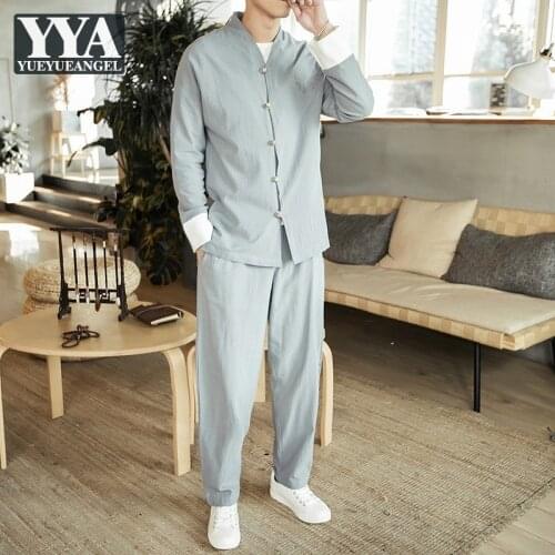 Autumn Chinese Style Mens Linen Tang Suit Casual Two Piece Set Vintage Jacket and Pants Loose Fit Men Tracksuit Large Size M-5XL