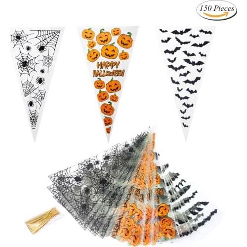 50PCS Halloween Cone Bags Pumpkin Bat Spider Triangle-shape Candy Bags Halloween Gift Favors Package Treat Or Trick Candy Pocket