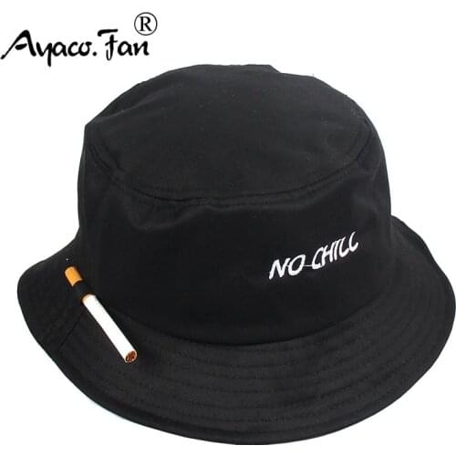 2021 Solid Black Men Women Bucket Hat Cigarette Embroidery NO CHILL Hip Hop Fishing Cap Adult Unisex Panama Bob Hat Flat Sunhat