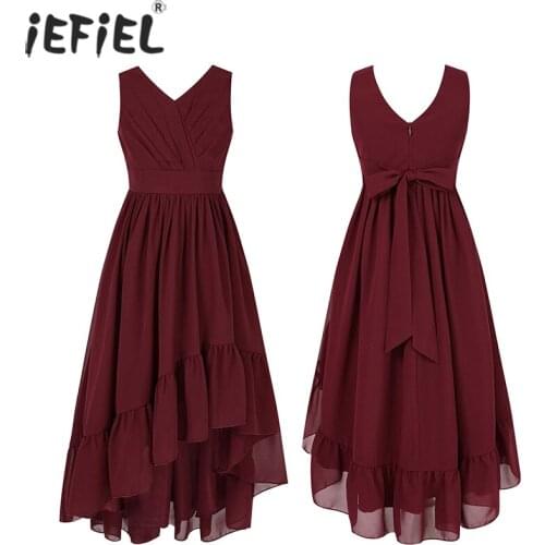 Summer Chiffon Flower Girls Dress Wedding Birthday Party Kids Elegant Pleated Ruffle V Neck Princess Pageant Maxi Dress Vestido