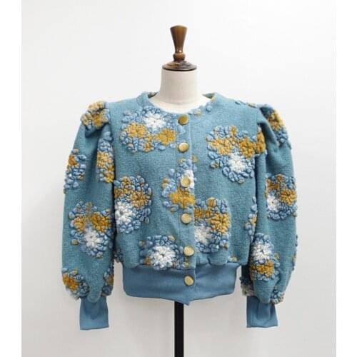 Woolen Cardigan Jacket Sweater Vintage 3D Flowers Women Fad Autumn Winter Coat Korean Thick Warm O-Neck Jackets Knitwear Tops