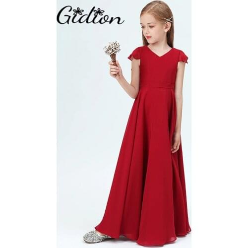 Burgundy Kids Girls Dress Costume V-neck Dress Girls Wedding Dress Graduation Gown Kids Children Birthday Party Dress 2-14 Years