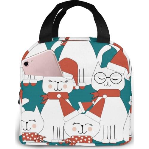 Lunch Bag Cute Santa Cats Thermal Insulated Lunch Box Tote Cooler Bag Bento Pouch Lunch Container Food Storage Bag