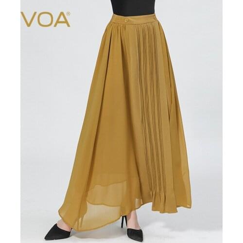 VOA 100% Mulberry Silk Champagne Yellow Button Three-dimensional Fold Asymmetric Wild Office Lady Summer Skirts Womens CE96