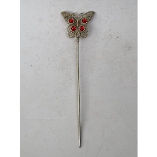 YIZHU CULTUER ART Collection Old Chinese Tibet Silver Hand-made Butterfly Hairpin Hair Decoration