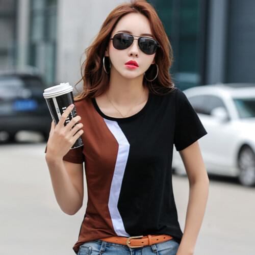 Plus Size Cotton T Shirt Women 2019 Summer Casual Patchwork Tshirt Woman Korean Fashion Stitching Color Slim Tee Shirt Femme