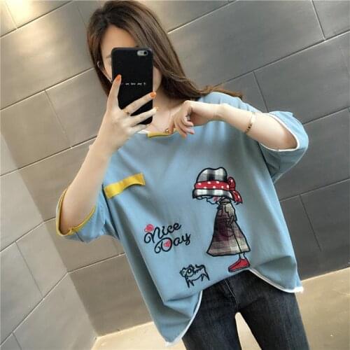 2021 Women Summer Embroidery T-shirt Fashion Stitching T-shirt Half sleeves clothing