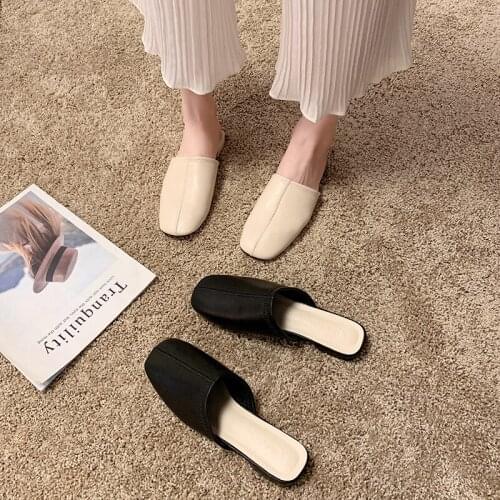 Womens slippers 2020 new pu square toe shallow mouth mules shoes trend comfortable low-heeled slippers to wear