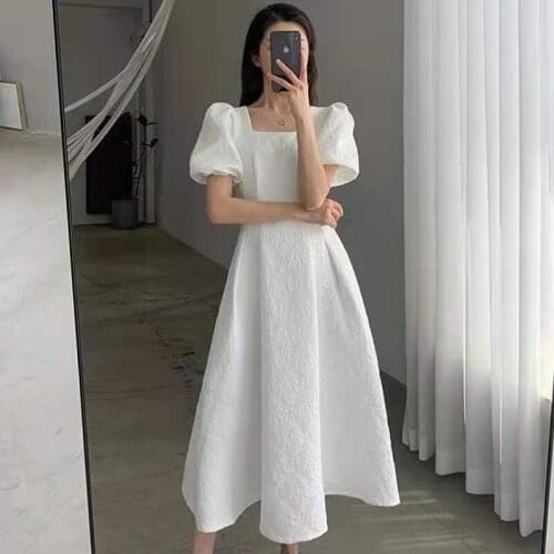 Vintage Elegant White Dress Women Summer Streetwear Square Collar Puff Sleeve Dress Plus Size Party Dresses vestidos