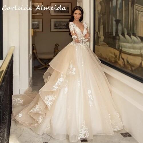 Vestido de noiva V-neck Long Sleeves Champagne Wedding Dresses with Lace Appliques Sexy Bride Dress 2021