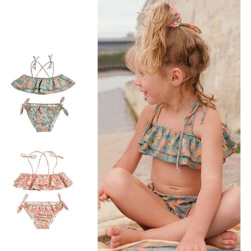 2021 New Summer Children Swimsuit Girls Lovely Print Sling Swimsuit Kids Bikini Suit Beach 2 Piece Bikini Set