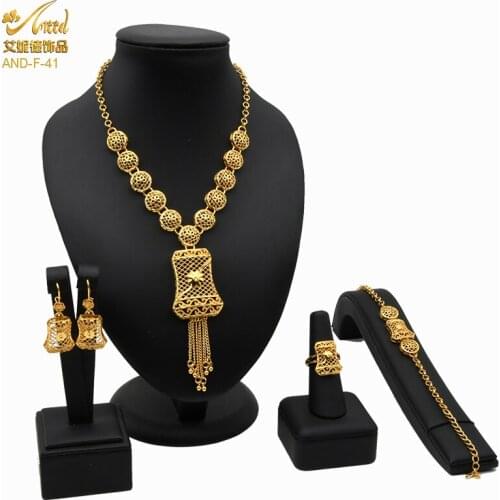 Big Dubai Jewelry Set For Women 24k Gold Plated Bridal Luxury Long Necklace Earrings Bracelet Ring Set African Jewellery Indian