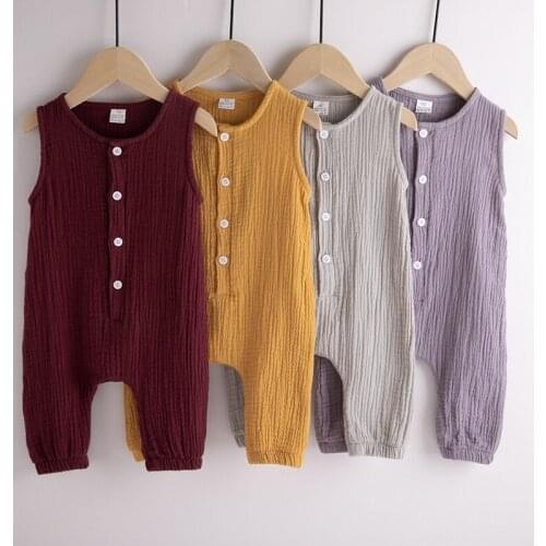 Childrens Onepiece Summer Sleeveless Solid Color Cotton Linen Solid Baby Leisure Kids Clothing Boy Girl Crawling Clothes