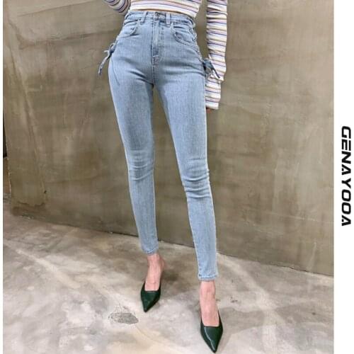 Genayooa Streetwear Pencil Pants Skinny Jeans Woman Stretch High Elastic Lace Up Push Up Female Jeans Denim Korean Style 2020