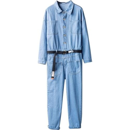 Spring Overalls Men Denim Jumpsuits Long Sleeve Lapel Hip Hop Street Jeans Workwear Pants Fashion Freight Blue Black Trousers