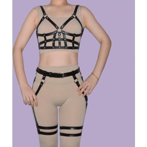 2 Pcs Set Sexy Women Leather Body Harness Bra Chest Bondage Lingerie Cage Bra Punk Gothic Ladies Garter Belts Suspenders