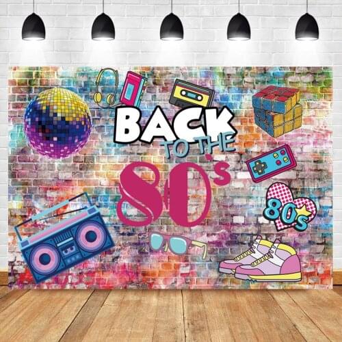 Laeacco Back To The 80s Carnival Party Graffiti Cartoon Brick Wall Pattern Photography Background Photo Backdrop Photo Studio