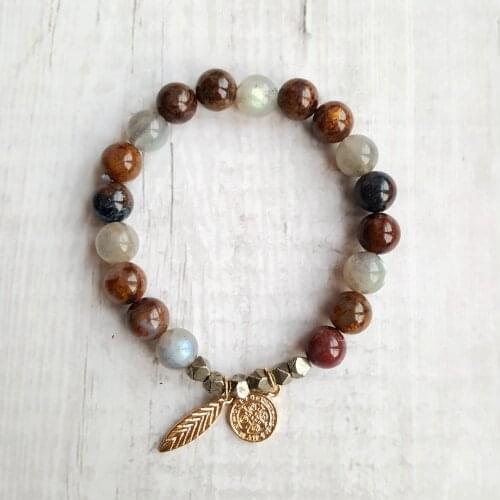 Lii Ji Natural Labradorite Pietersite Pyrite Cross Leaf Charm Bracelet Delicate Jewelry