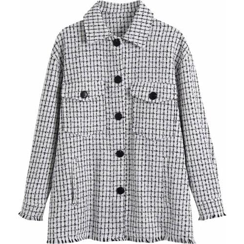 Merodi Autumn Winter Women Double Pockets Fashion 2021 Za Long Jackets Girls Casual Turn-Down Collar Plaid Woolen Loose Outwear