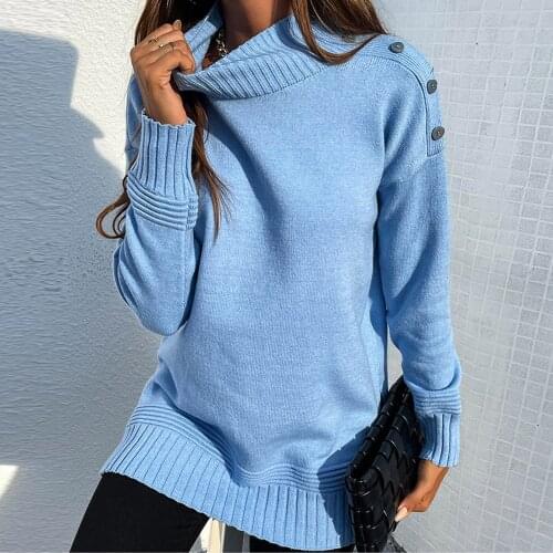 Fashion Women Autumn Winter Solid Colors Knit Long Sleeve Turtleneck Button Sweater Pullovers Tops Jumper Knitwear Pull Femme#35
