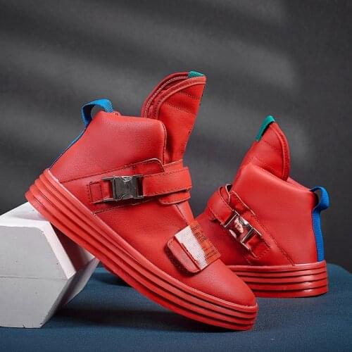 Mens Hip hop Superstar Sport Shoes for Skateboard No-Lace Buckle Red High top Sneakers Men Comfortable Chunky Men Trainer Shoes